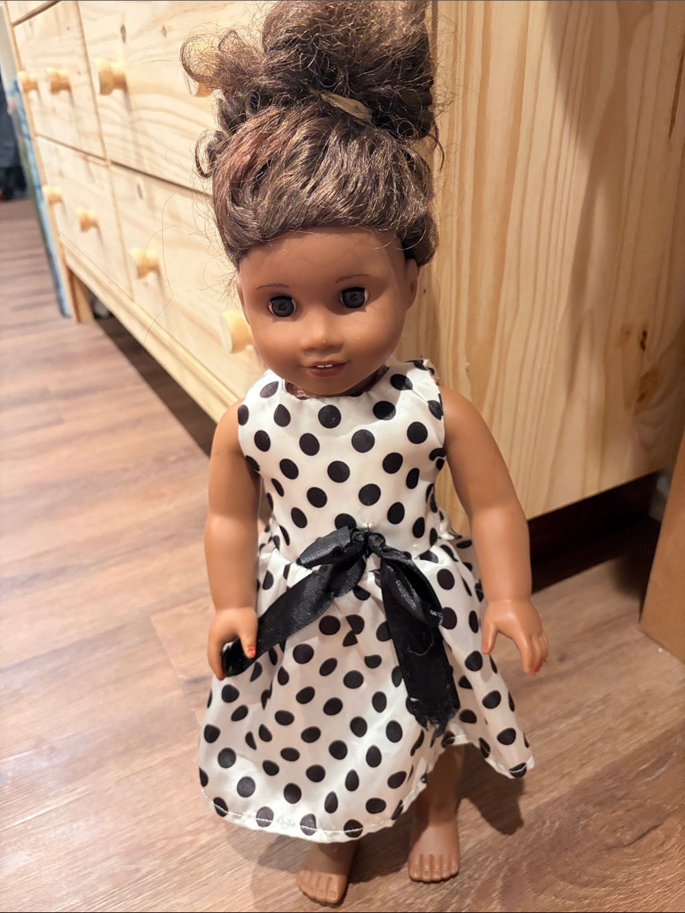 American girl doll with Black & White Polka dot Dress with Black Bow